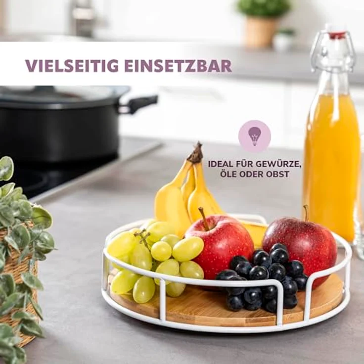 eluno Drehteller aus Metall mit Bambusboden Ø ca. 25 cm, drehbares Gewürzregal, Lazy Susan Schrankorganizer, Badorganizer (Weiß) – Bild 4