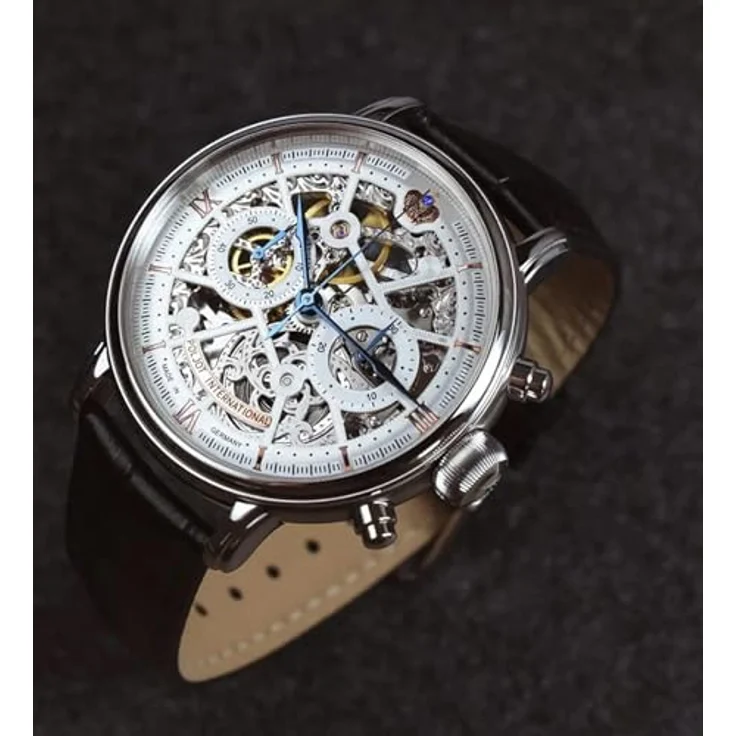 Poljot-International Handaufzug Herrenuhr Chronograph Nicolai II Skeleton 2901.194S011, Edelstahl in Silberfarben, Lederarmband in Schwarz – Bild 3