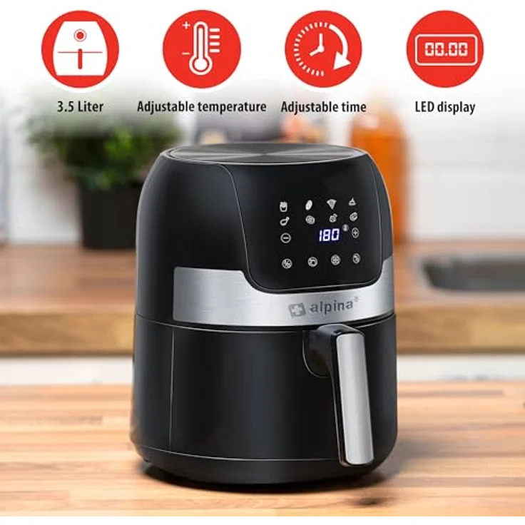 Alpina Airfryer 3,5L - Heißluftfritteuse 1400W - Temperatur Einstellbar von 80 bis 200 °C - Backofen für 3 bis 5 Personen - Luftfritteuse mit Timer bis 60 Min - Digitales Display - Metal - Schwarz – Bild 3