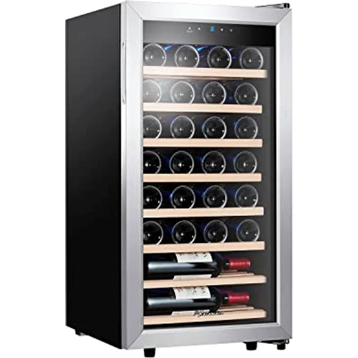 Kalamera Weinkühlschrank, 28 Flaschen 86 Liter, Touch-Bedienfeld, Edelstahl Glastür, 5-18°C Kühlzone, Abnehmbar Holzauflagen, KRC-86FCSS-W