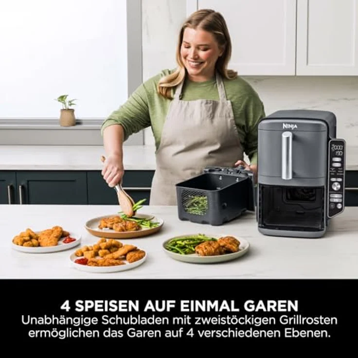 Ninja Double Stack XL Air Fryer Heißluftfritteuse, 9,5L Airfryer, Doppelkorb-Heißluftfritteuse mit 4 Kochstufen, 2 Körben, 2 Rosten, platzsparendes Design, 6 Kochfunktionen, 8 Portionen, Grau SL400EU – Bild 4