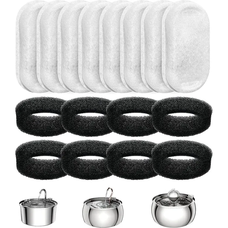 TOMXCUTE Ersatzfilter für Katzenbrunnen, 16 Stück (8 Kohlefilter, 8 Schaumfilter) zur Verbesserung der Wasserqualität, Größe 7,6 x 4,3 cm