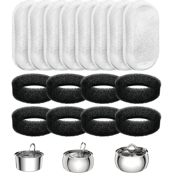 TOMXCUTE Ersatzfilter für Katzenbrunnen, 16 Stück (8 Kohlefilter, 8 Schaumfilter) zur Verbesserung der Wasserqualität, Größe 7,6 x 4,3 cm