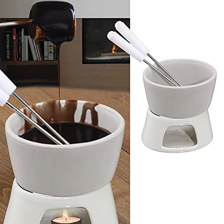 Cepewa 1 x Keramik Schokofondue Set Fondue-Set Schokolandenfondue weiß inkl. 2 Edelstahlgabeln (1 x Schokofondue-Set) - Preisvergleich