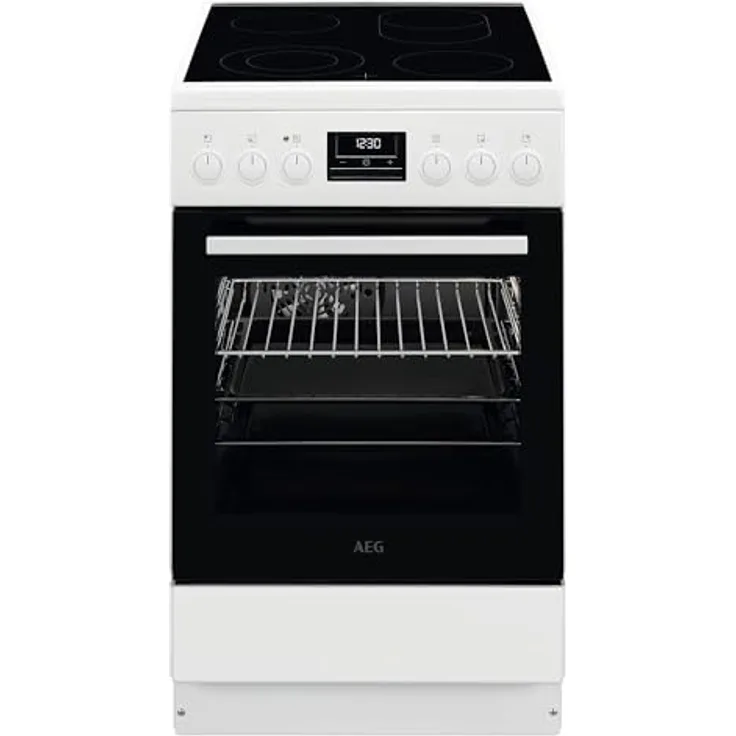 AEG Standherd mit Glaskeramik-Kochfeld 50cm A 1 Paar Teleskopschienen Versenkknebel Grillfunktion Display mit Uhr Weiß CCB5449OBW