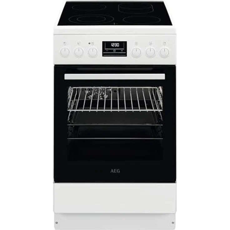 AEG Standherd mit Glaskeramik-Kochfeld 50cm A 1 Paar Teleskopschienen Versenkknebel Grillfunktion Display mit Uhr Weiß CCB5449OBW – Bild 1