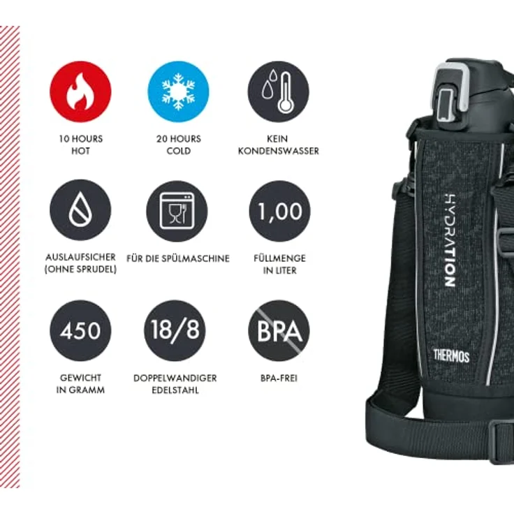 THERMOS ULTRALIGHT STRAP BOTTLE 1,00 l, black mat, Thermosflasche aus Edelstahl, 10 h heiß / 20 h kalt, Isolierflasche mit Hülle und Tragegurt, Thermoskanne extrem leicht, spülmaschinenfest, BPA-Free – Bild 5