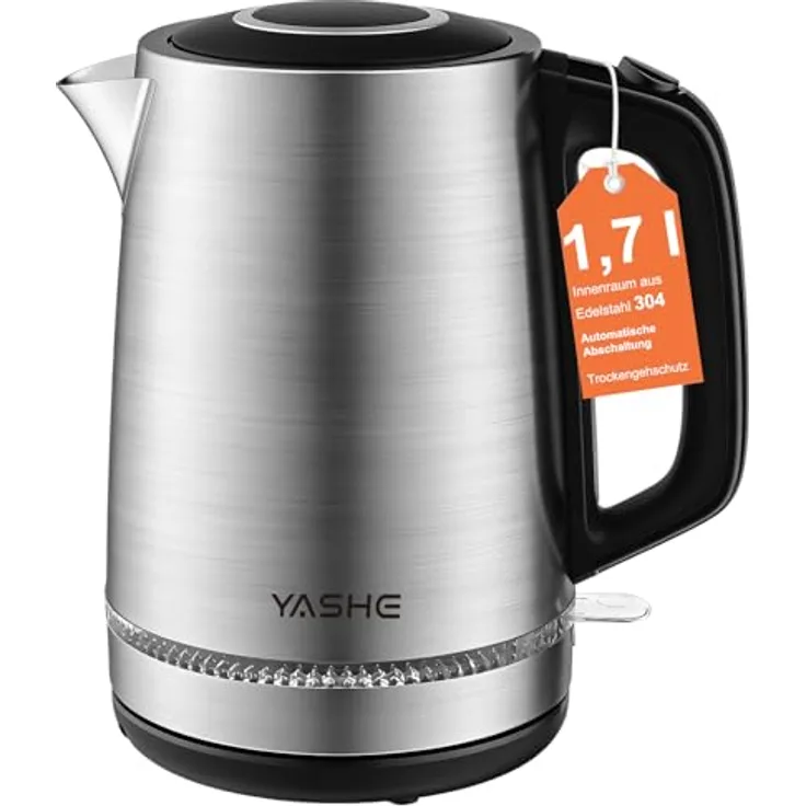 YASHE Wasserkocher Edelstahl 1,7L, 2200W, kabellos mit 360° Basis und Kalkfilter