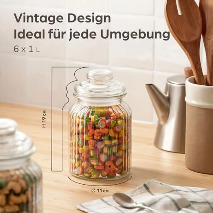 Praknu Candy Bar Gläser Groß 1L - Luftdicht - 6er Set Vintage Bonbonglas mit Deckel & Etiketten - Spülmaschinenfest - für Kekse & Süßigkeiten – Bild 2