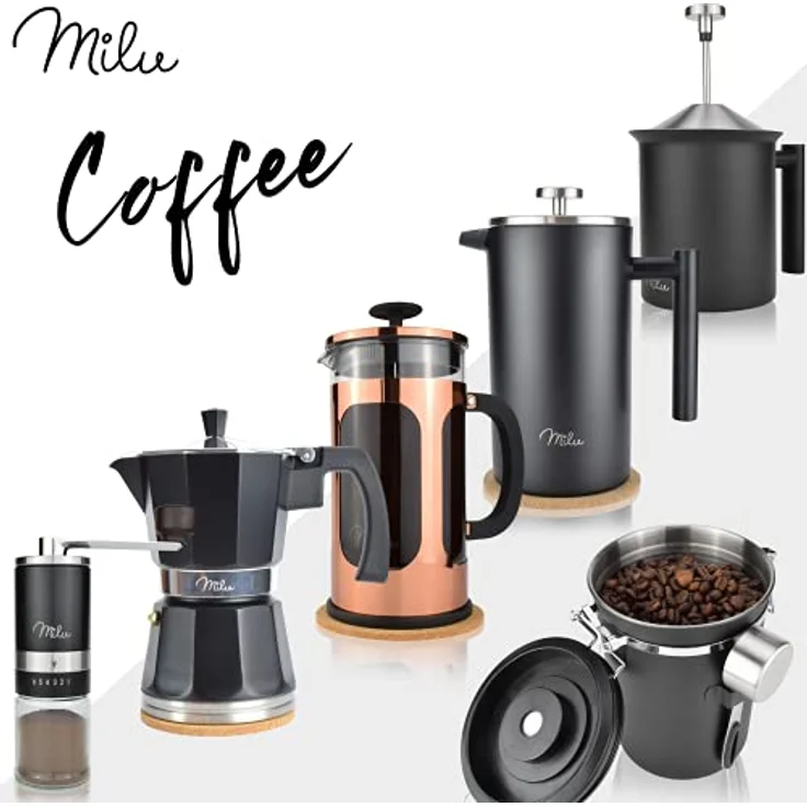 Milu French Press Kaffeebereiter | 350ml, 600ml, 1L | Glas Kaffeepresse, Kaffeezubereiter für Zuhause Reisen Camping inkl. Untersetzer, Löffel, Ersatzfilter (Rose, 1000ml (5 Tassen) – Bild 5