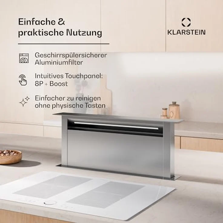 Klarstein Royal Flush 75 Downdraft Dunstabzugshaube, A++, 604 m³/h, Touch-Bedienfeld, LED-Licht, Edelstahl, leise mit 52 dB, ideal für Kücheninseln – Bild 5