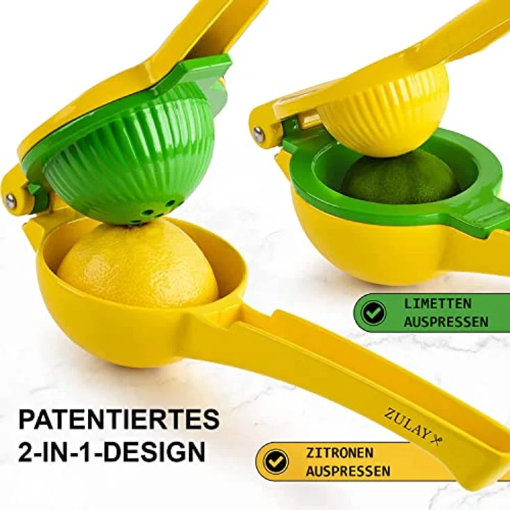 Zulay Kitchen 2-in-1 Zitronen- und Limettenpresse, manuelle Saftpresse aus robustem Aluminium (Gelb/Grün), mit Samenfilter und ergonomischem Griff – Bild 2