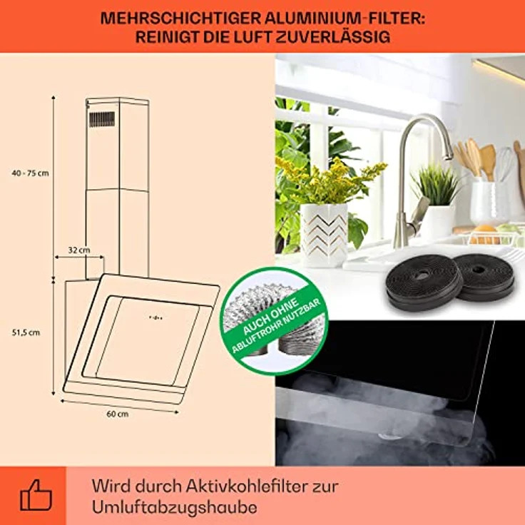 Klarstein 10040234 Wandhaube, Aurora 60 Smart Dunstabzugshaube 550 m³/h 60cm kopffrei Ambiente-Licht EEC A++, schwarz – Bild 6