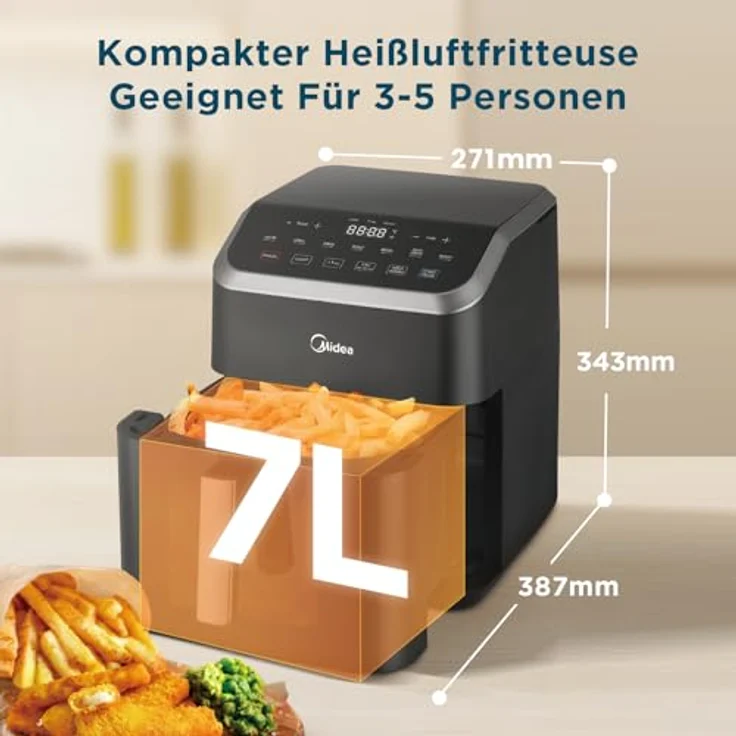 Midea Heißluftfritteuse 7L, Airfryer mit Sichtfenster & Licht, 7 Programme, HeatXpress Technologie, 90% weniger Öl, Antihaft, Schwarz – Bild 2