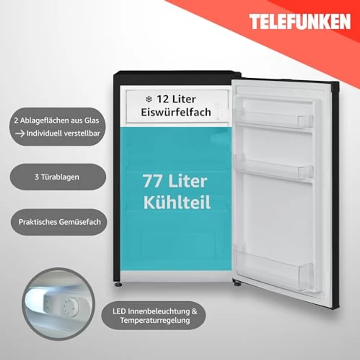 TELEFUNKEN Kühlschrank mit Gefrierfach/Eiswürfelfach | Freistehend | 89 Liter Nutzinhalt | Kühlschrank klein mit Gemüsefach | LED-Beleuchtung | Türanschlag wechselbar | CF-33-101-B2 schwarz – Bild 3