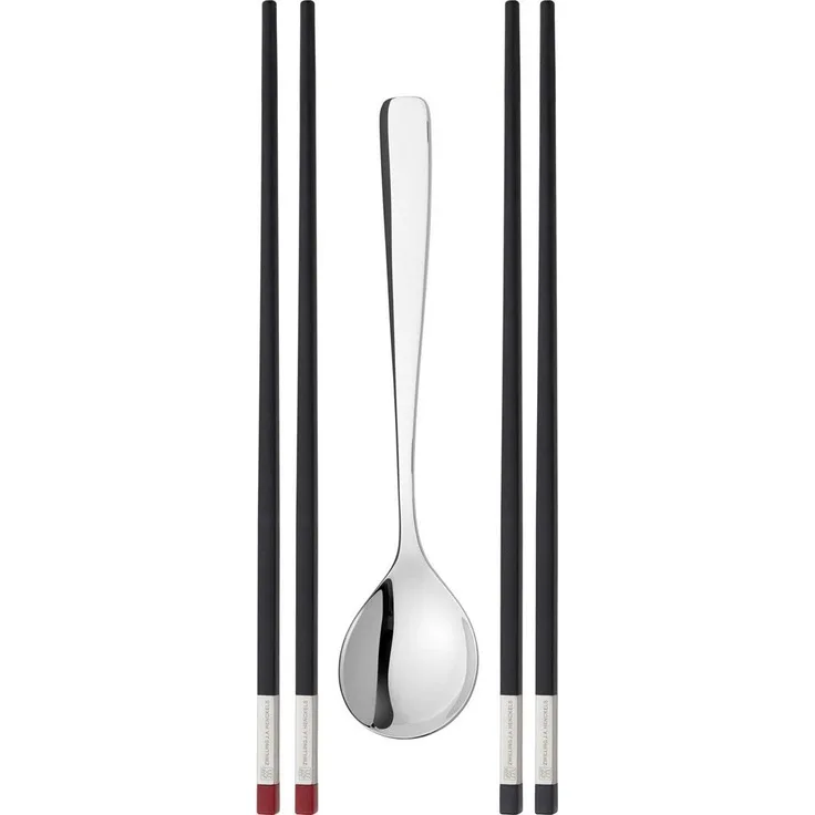 ZWILLING Chopstick-Set, klein, 2 Paar schwarze Essstäbchen und Menülöffel aus 18/10-Edelstahl, elegante Verpackung