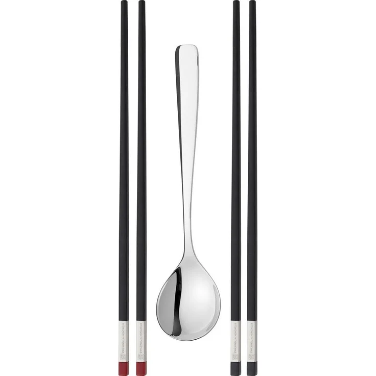 ZWILLING Chopstick-Set, klein, 2 Paar schwarze Essstäbchen und Menülöffel aus 18/10-Edelstahl, elegante Verpackung