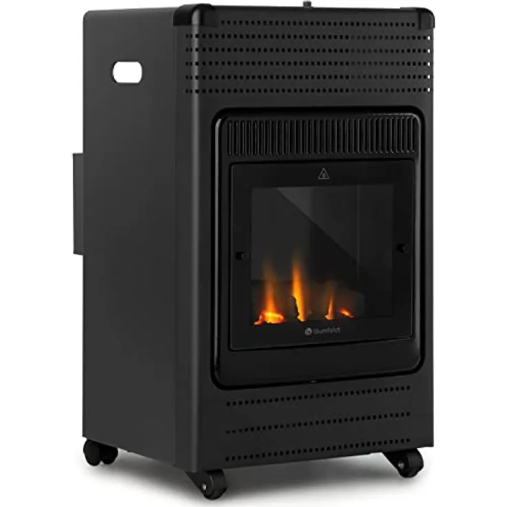 blumfeldt Andora Flame Gasheizofen - zwei Heizstufen mit 2 oder 3,4 kW, bis 11 kg Gasflaschen, Heizfläche: bis 68 m², inkl. Schlauch und Druckminderer, Feuerschein, elektrisches Zündsystem, schwarz