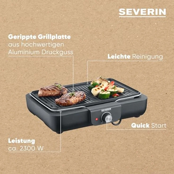 SEVERIN Tischgrill mit Grilplatte PG 8556, Schwarz - Gerippte Grillplatte aus hochwertigen Aluminium Druckguss für perfekte Grillergebnisse – Bild 4