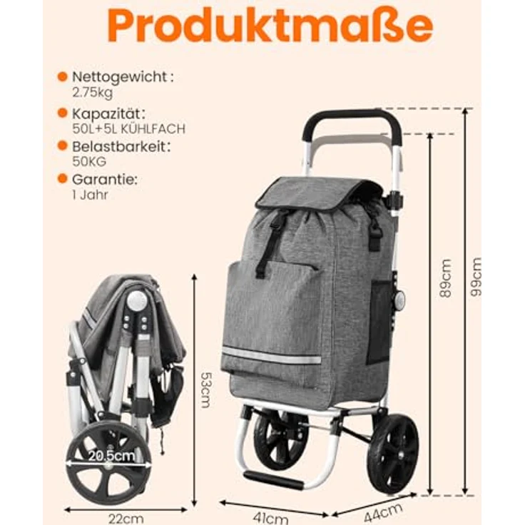 HOMECALL Einkaufstrolley klappbar 3 in 1 mit Kühltasche, 55L Kapazität, 50kg Tragkraft, Treppensteiger-Räder, ergonomic Griff, grau – Bild 2