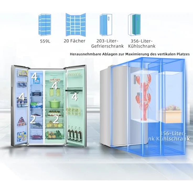 CHiQ KMRF630NESE Side by Side No-Frost Kühl-/Gefrierkombination mit 356 Liter Kühlfach, 203 Liter Gefrierfach und Wasserspender im Premium Dark Inox Look – Bild 3