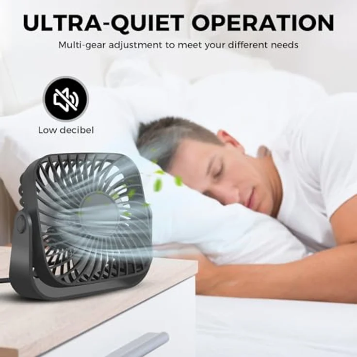 Jsdoin USB-Ventilator, 360° drehbarer Schreibtisch-Lüfter mit 3 Geschwindigkeiten, leise, tiefschwarz – Bild 4