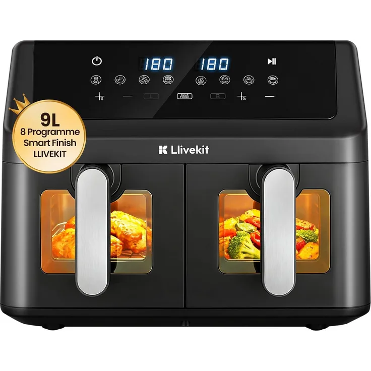 LLIVEKIT Heißluftfritteuse 9L Doppelkammer, 2x4,5L mit 1000 W und automatischer Abschaltung, schwarz