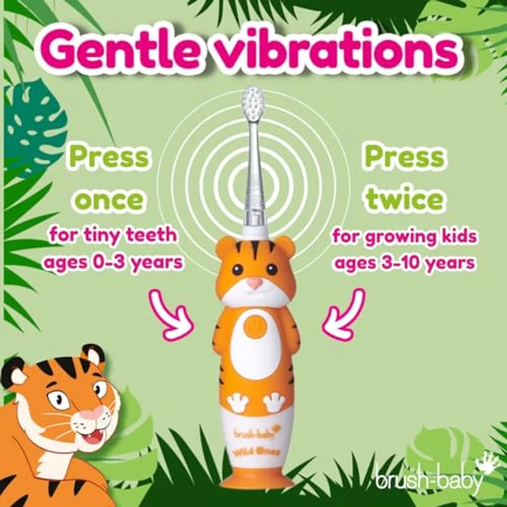 Brush-Baby WildOnes Toby Tiger, Elektrische wiederaufladbare Zahnbürste mit 2-Minuten-Timer, USB-Ladekabel, wasserdicht, für Kinder von 0-10 Jahren, inklusive 2 Ersatzbürstenköpfen – Bild 4