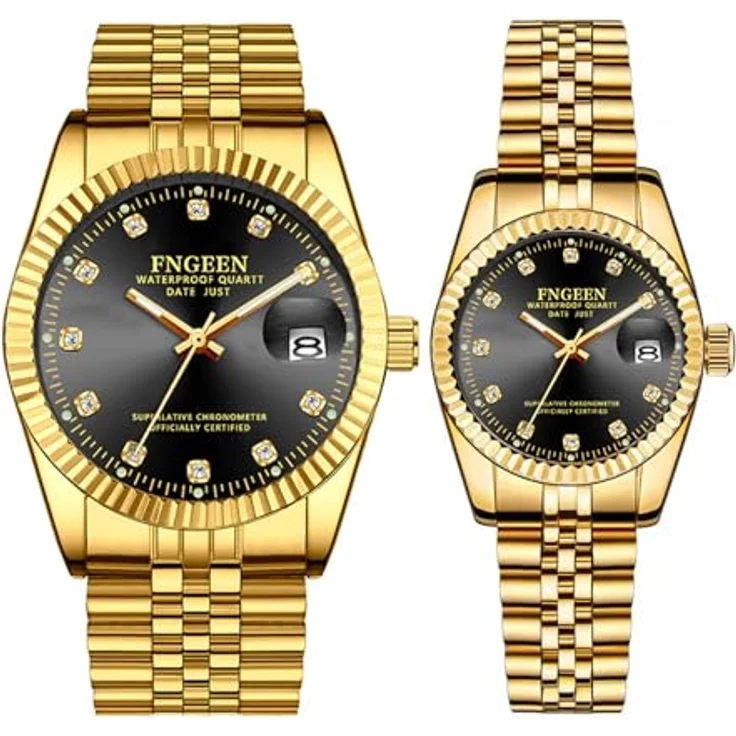 JewelryWe Paar Uhren Edelstahl Wasserdicht, 2er Set Quarz Armbanduhr mit Datum, Kalender, Leuchtzeiger und schwarzem Zifferblatt, goldenes Edelstahlarmband – Bild 1