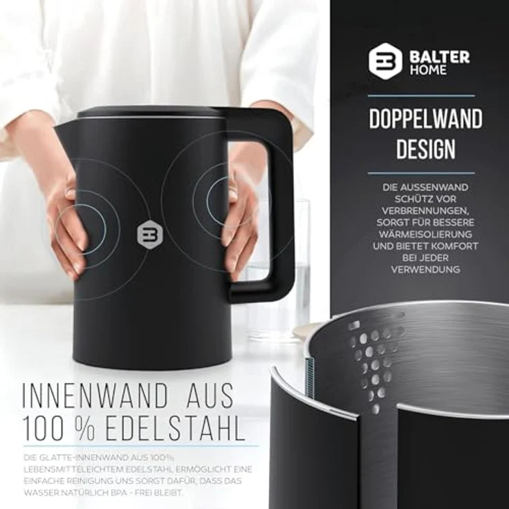 Balter Edelstahl Wasserkocher WK-04-Touch, elektrischer Wasserkocher mit Temperatureinstellung 40°C-100°C, Doppelwand, BPA-frei, 1,7L, 2200W, leise, Schwarz – Bild 4