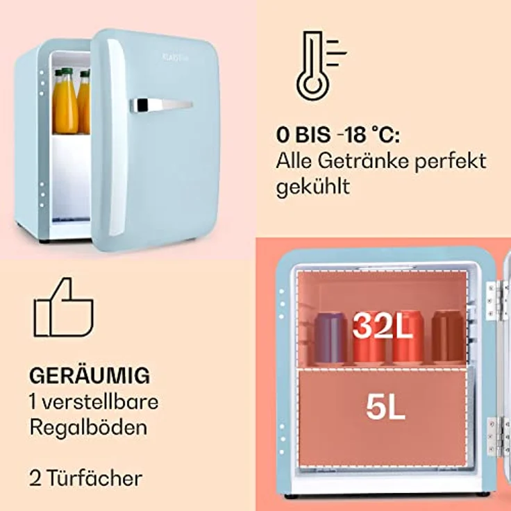 Klarstein Audrey 2in1 Minikühlschrank mit Gefrierfach, 32 L Kühlraum, Retro-Design, 50 cm hoch, blau – Bild 4