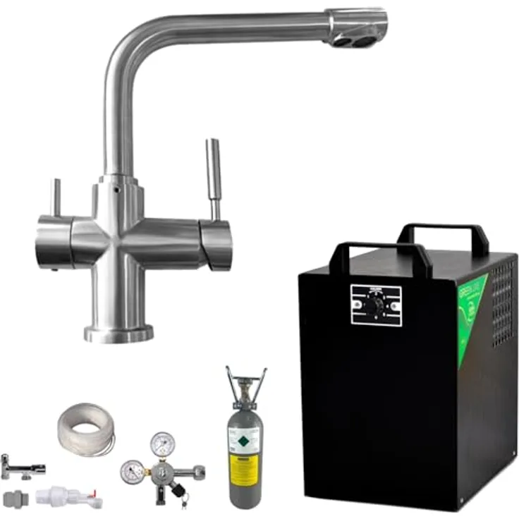 BieTal Wassersprudler mit Kühlung 25 L/h und Zapfstelle, Weiß - Tafelwasseranlage mit 7-stufiger Temperaturregulierung und CO2-Flasche 2 kg