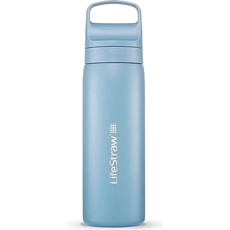 LifeStraw Go Series - Doppelwandige BPA-freie vakuumisolierte 530 ml Edelstahl-Wasserfilter-Flasche für Reisen und den täglichen Gebrauch; isländisches Blau