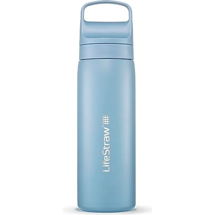 LifeStraw Go Series - Doppelwandige BPA-freie vakuumisolierte 530 ml Edelstahl-Wasserfilter-Flasche für Reisen und den täglichen Gebrauch; isländisches Blau – Bild 1