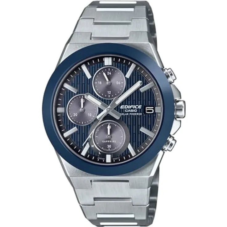 Casio Edifice EFS-S650D-2AEF, Herrenuhr Solar Chrono aus Edelstahl mit blauem Zifferblatt und kratzfestem Saphirglas