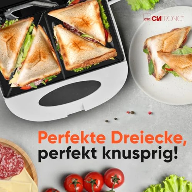 CLATRONIC Sandwichmaker ST 3813, Sandwichtoaster mit antihaftbeschichtetem Dreieckplatten, Backampel und isoliertem Griff – Bild 2