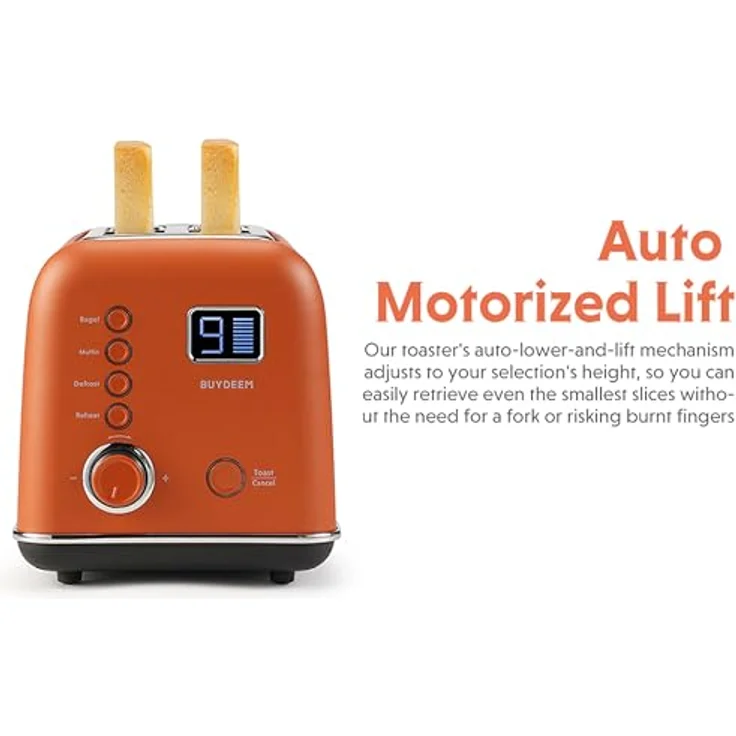 Buydeem Toaster DT730E, 2-Slice Automatic Metal Toaster mit motorisierter Auto-Lift-Funktion, LCD-Display, Koi Red – Bild 2