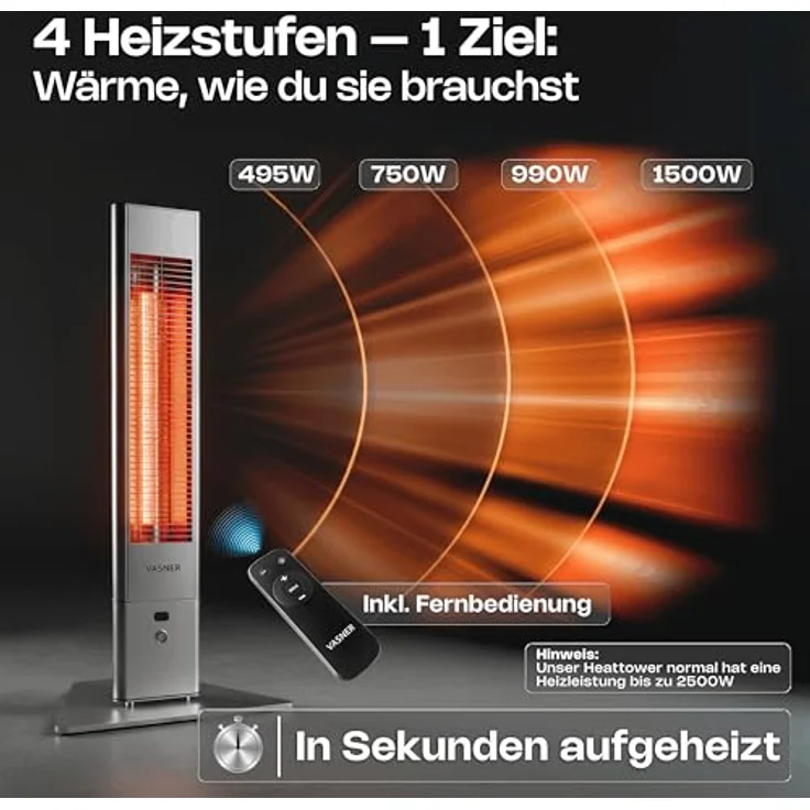 Vasner HeatTower Mini Mobiler Heizstrahler 1500 Silber, Heizstrahler – Bild 4