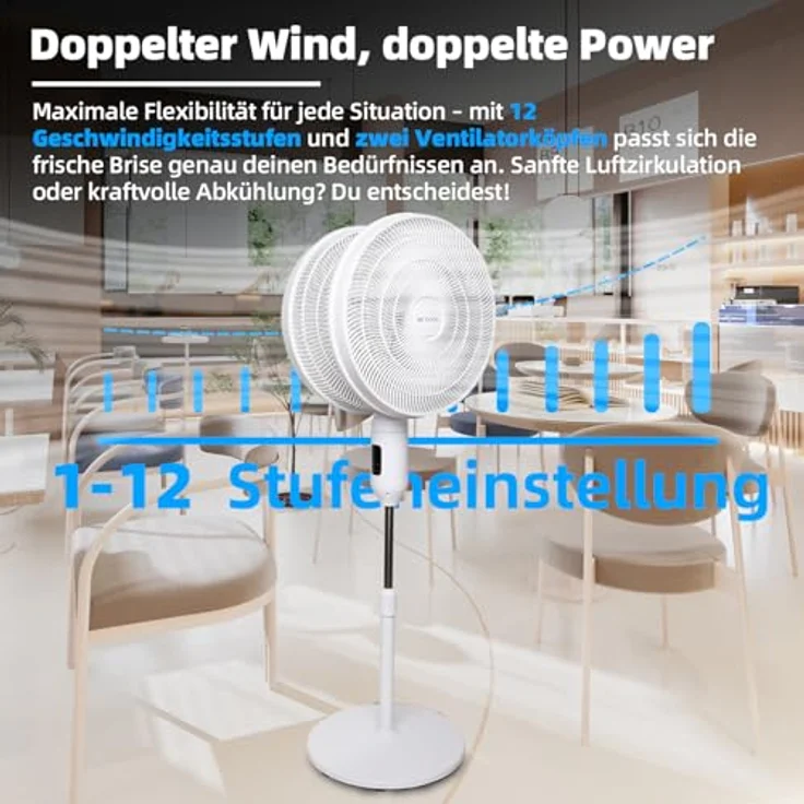 Be Cool Doppelkopf-Standventilator 2x45cm, Leise & leistungsstark mit 12 Geschwindigkeitsstufen, Timer und Fernbedienung, Weiß – Bild 3