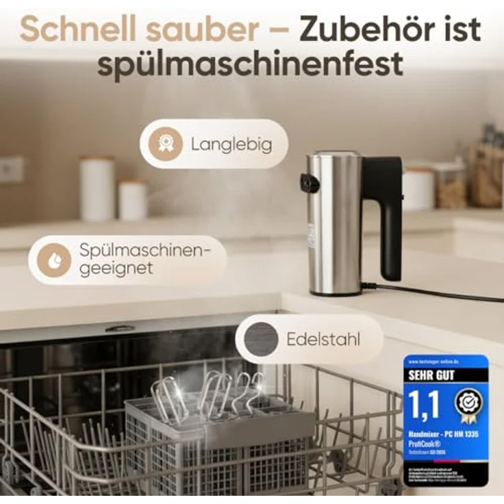 ProfiCook Handmixer PC-HM 1335, 400W mit 5 Geschwindigkeitsstufen und Turbo-Funktion, Edelstahlquirle und -knethaken – Bild 3