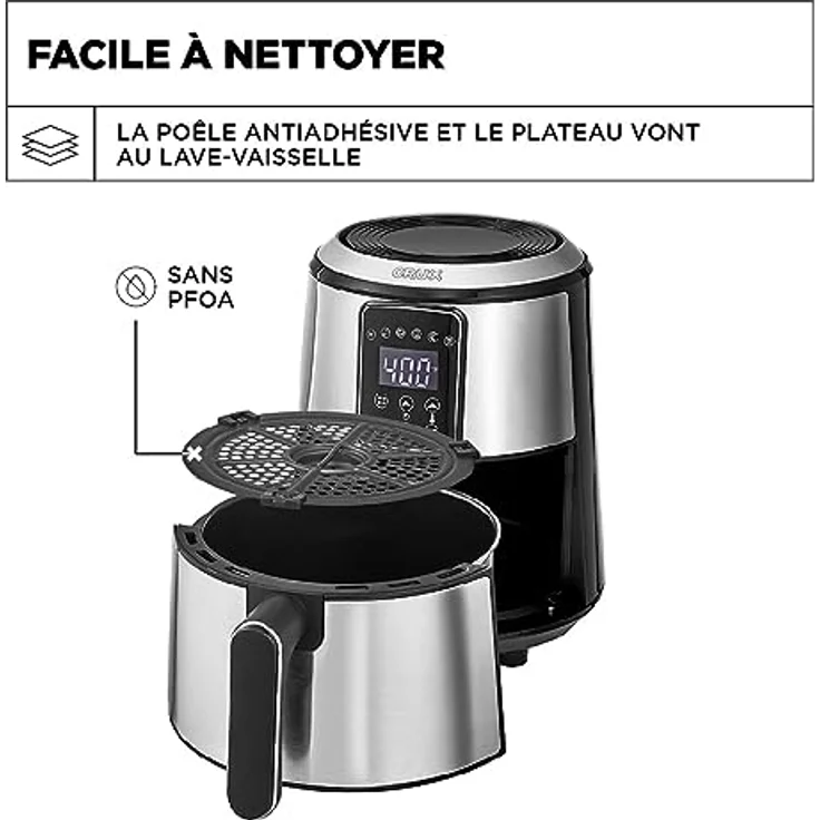 Crux 3 l digitale Heißluftfritteuse, schnelleres Vorheizen, ölfreies Frittieren, spülmaschinenfeste Antihaft-Pfanne und Bratgestell, Edelstahl – Bild 3