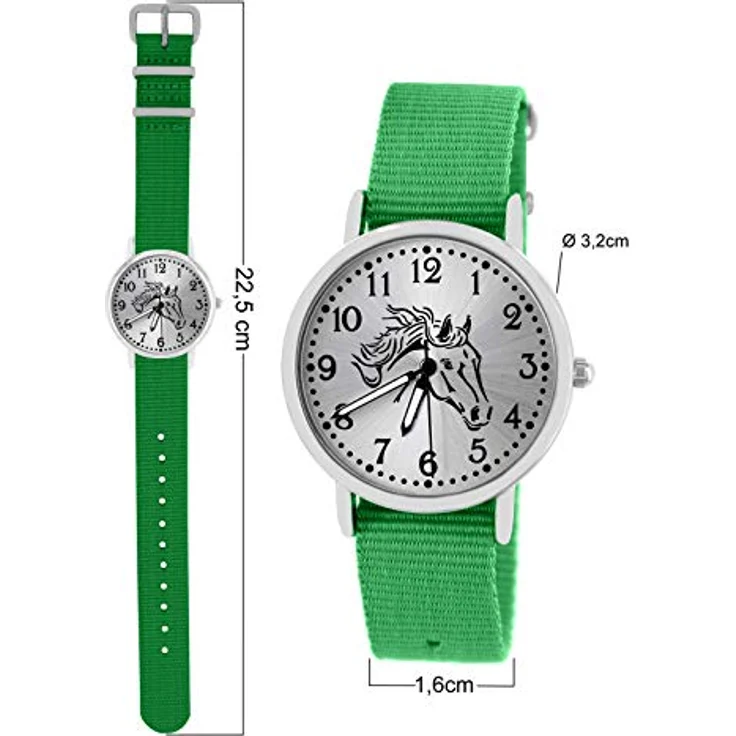 Pacific Time Mädchen Uhr 10403, analoge Quarz Armbanduhr mit grünem Textilarmband und Pferdemotiv, leuchtende Zeiger – Bild 5