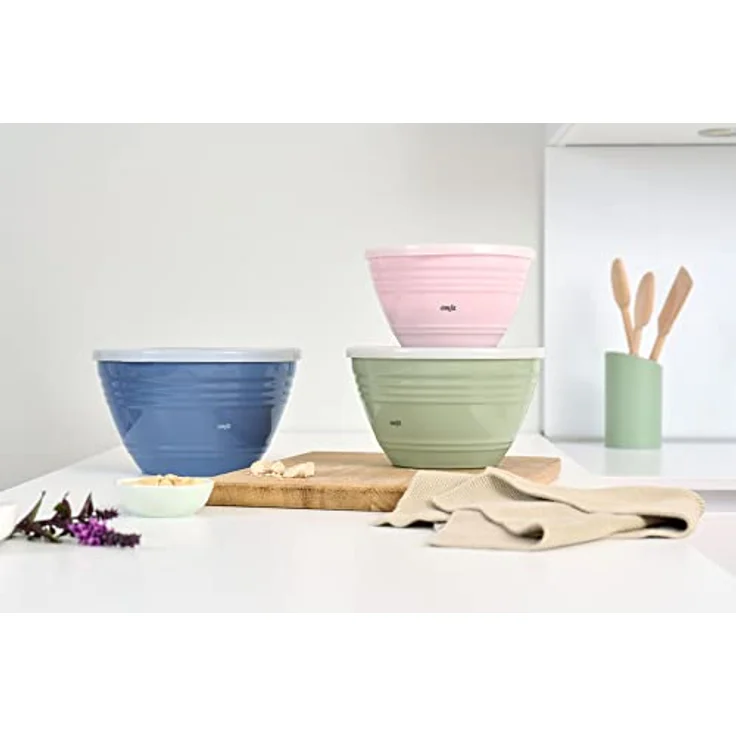 Emsa K325S3 Prep&Bake 3er Set Kunststoff-Rührschüssel | 1,7 + 2,75 + 4,15 L | mit konservierendem Deckel | rutschfester Boden | perfekte Stabilität beim Mischen | spülmaschinenfest | Rosa/Grün/Blau – Bild 2