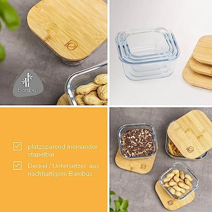 eluno Glas Aufbewahrungsdosen 3er-Set inkl. Bambusdeckel, Frischhaltedosen, quadratisch – Bild 4