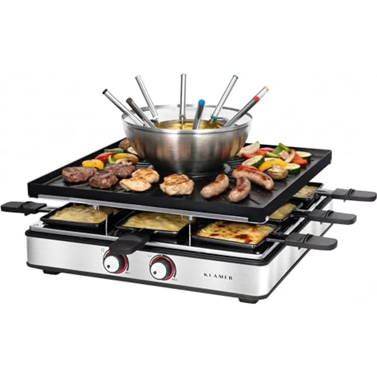 KLAMER Raclette Fondue Kombi 3-in-1 für 8 Personen, 2200 W, Edelstahl mit ILAG Antihaftbeschichtung, inkl. 8 Holzspatel, Pfännchen und Fonduegabeln, Deutsches Design Berlin – Bild 1