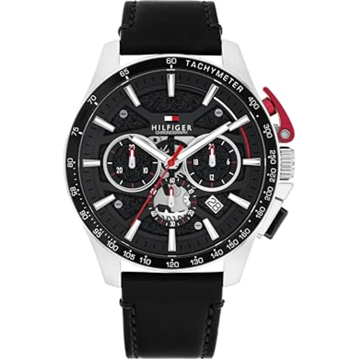Tommy Hilfiger 1792258 Chronograph Quarz Uhr, schwarzes Edelstahlgehäuse, schwarzes Lederarmband, 5 ATM wasserdicht – Bild 1
