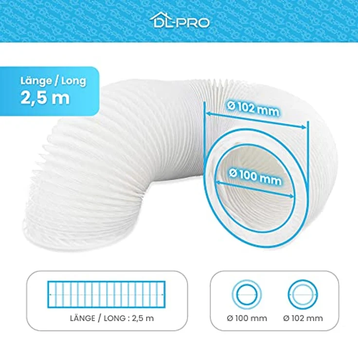 DL-pro Abluftschlauch 2,5m Ø100mm, flexibler PVC-Schlauch in weiß für Klimaanlage, Dunstabzugshaube, Trockner – nicht passend für Ø102 mm Anschluss – Bild 2
