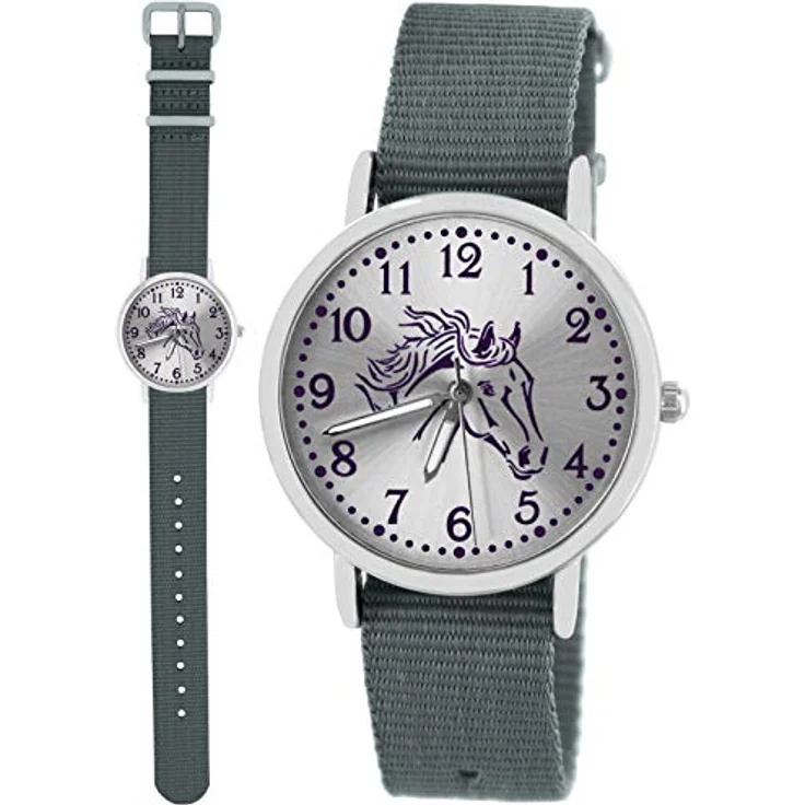 Pacific Time Mädchen Uhr Pferde, analog Quarz mit leuchtenden Zeigern und grauem Textil-Wechselarmband, 3,2 cm Gehäusedurchmesser – Bild 2