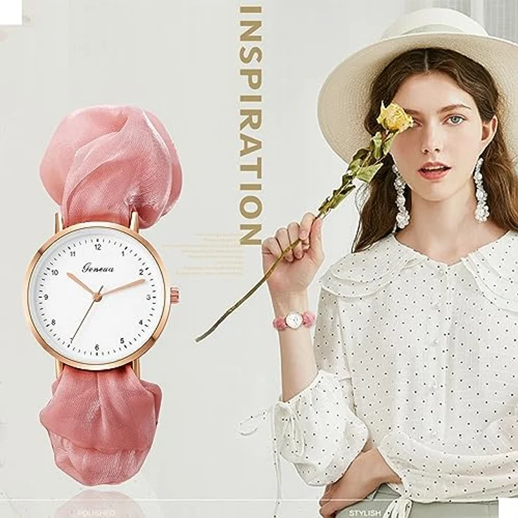 JewelryWe Damen Elastisch Haarband Uhr - Einfache Analog Quarz Armbanduhr mit Rosa Haargummi und großem Zifferblatt – Bild 4
