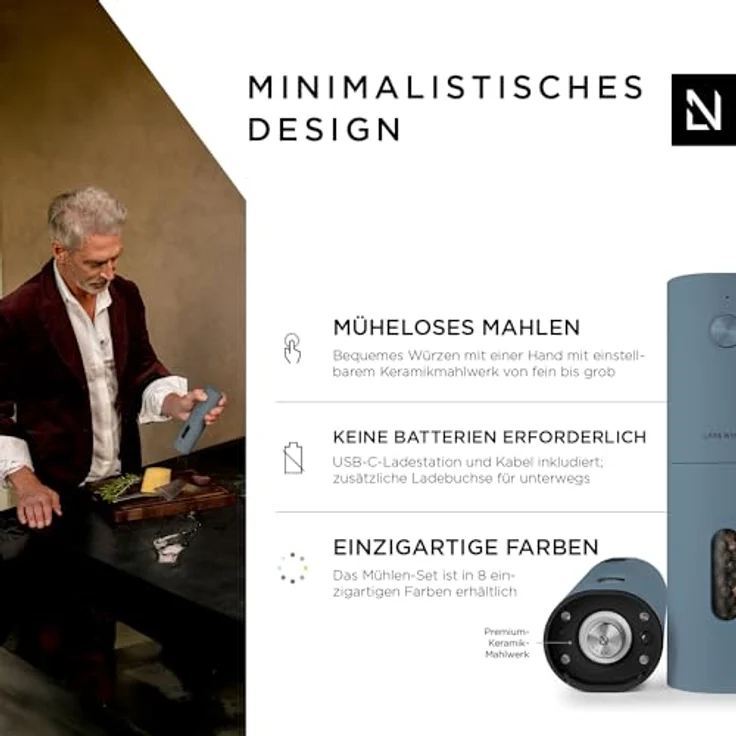 LARS NYSØM Salz und Pfeffer Mühle Elektrisch 2er Set mit einstellbarem Keramik-Mahlwerk von grob bis fein I Design Gewürzmühlenset Automatisch (2 Stück, Blue Stone) – Bild 2